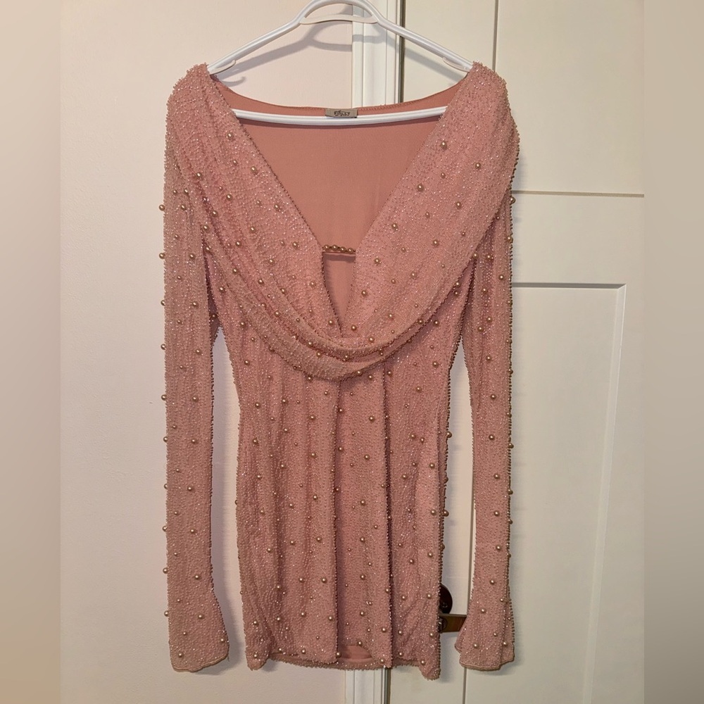 OH POLLY LONGSLEEVE DEEP PLUNGE MINI DRESS - ROSE